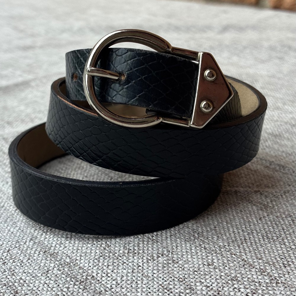 Vintage Black Snakeskin Embossed Leather Belt Silver DRing Buckle Slim 90s Y2K